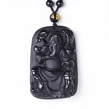 

Drop Shipping Natural Obsidian GuanGong Pendant Necklace Lucky Amulet Crystal GuanYu Necklace Fine Jewelry Gift