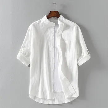

HOO 2020 summer collar 5 minutes of sleeve shirt wet cotton and linen men loose 7 minutes of sleeve shirts big yards