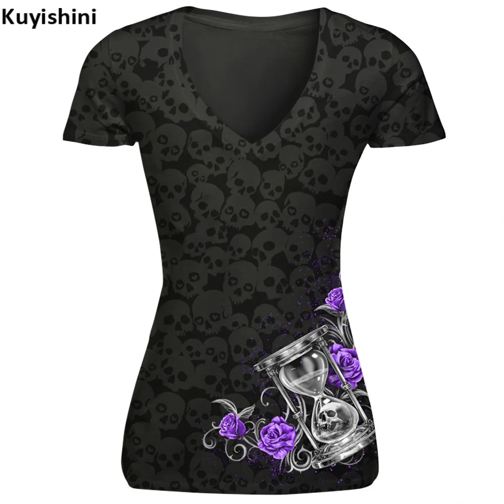 Женская футболка Харадзюку, Женская Летняя Сексуальная футболка с v-образным вырезом, с принтом бабочки и черепа, с коротким рукавом, женские Забавные футболки