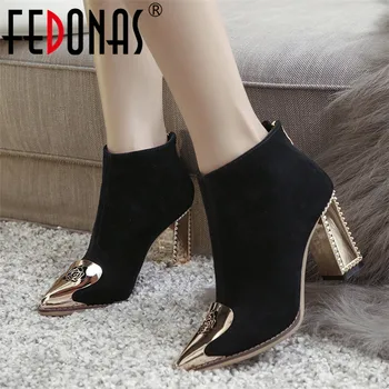 

FEDONAS Women Metal Pointed Toe High Heels Ankle Boots Genuine Leather Solid Back Zipper Shoes Woman Sexy Party Shoes Boots