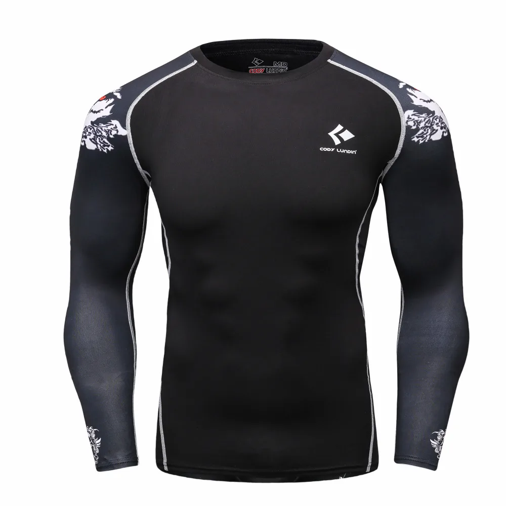 Muscle Men Compression Tight T shirt Long Sleeves Double Sides Prints MMA Rashguard Fitness Base Layer