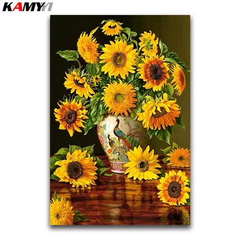 

Full square Diamond embroidery sunflower 5D DIY Diamond painting Cross stitch sun flowers full Round Diamond mosaic peacock vase