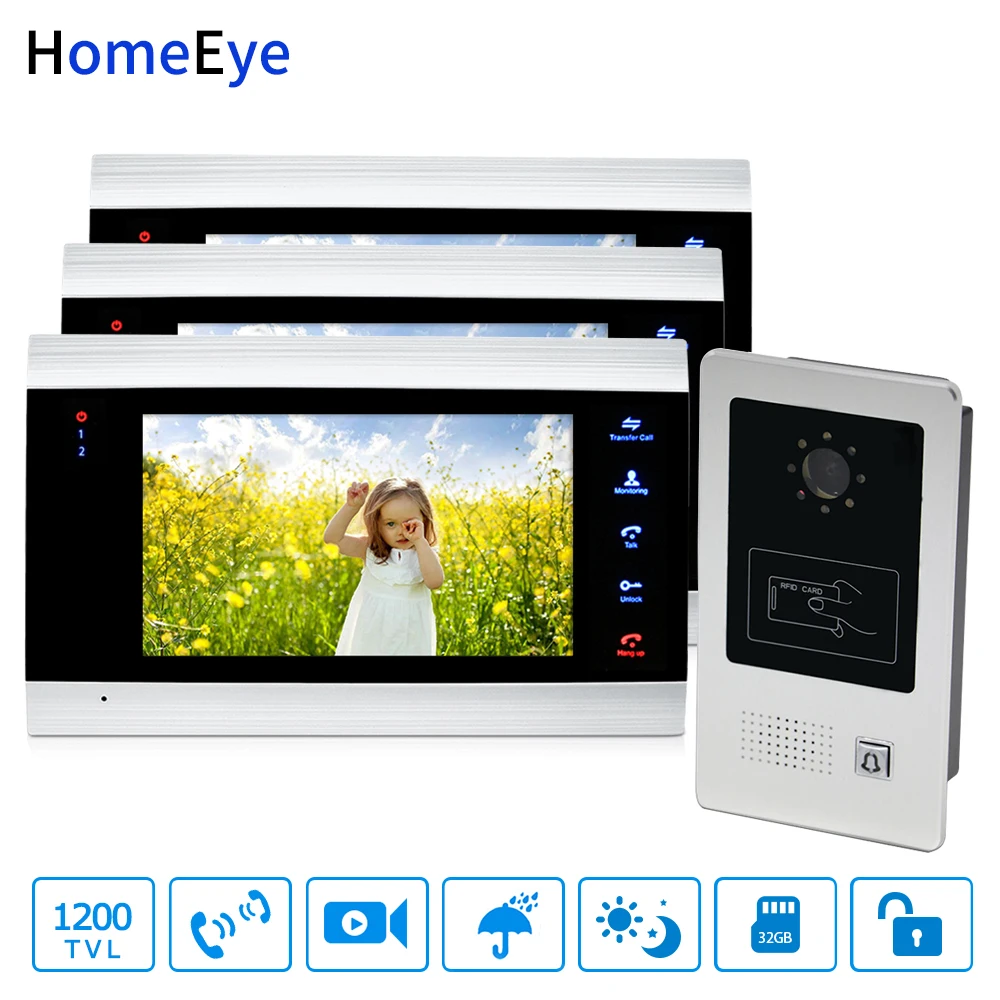 HomeEye 7'' Video Door Phone Video Door Bell Home Access Control System 1-3 1200TVL Rainproof RFID Motion Detection Touch Button HomeEye 7'' Video Door Phone Video Door Bell Home Access Control System 1-3 1200TVL Rainproof RFID Motion Detection Touch Button