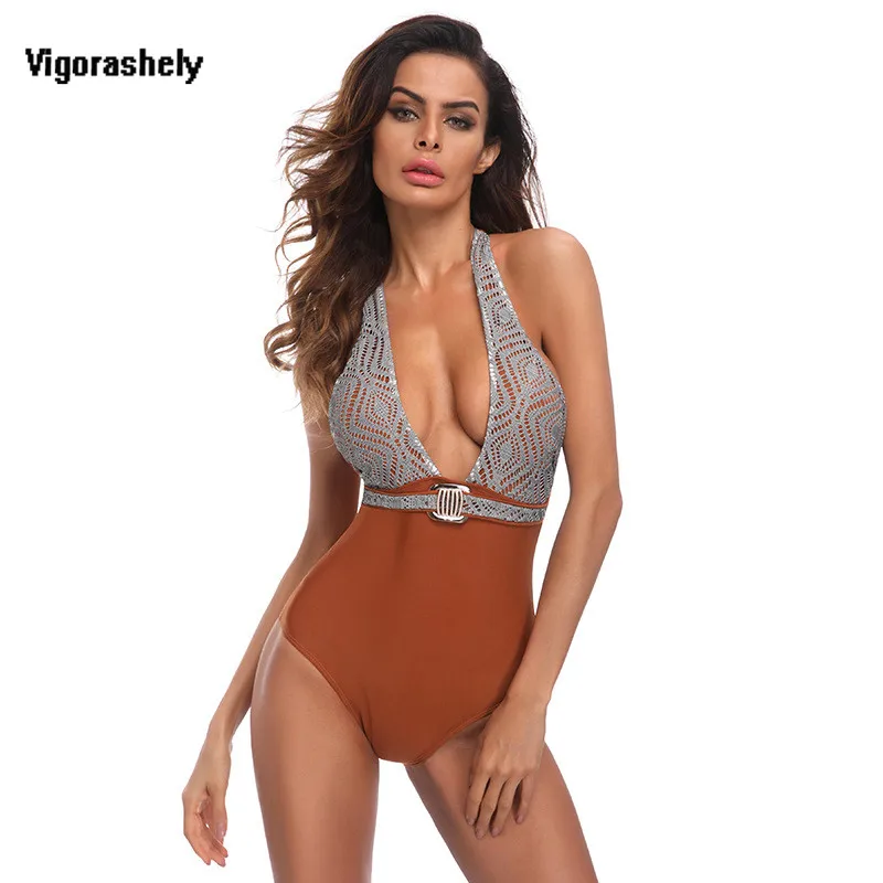 Vigorashely Sexy Lace One Piece Swimsuit Belt Push Up Swimwear Women