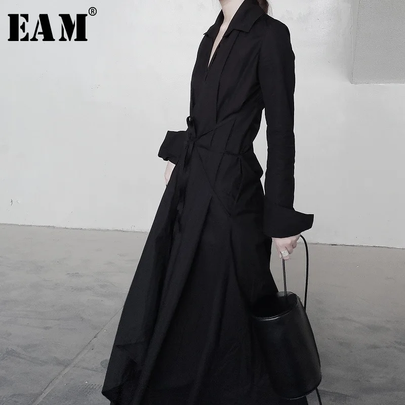 Best Price [Eam] 2020 Lente Winter Vrouw Nieuwe Effen Kleur Lange Mouwen V-hals Onregelmatige Zoom Bandage Ontwerp Gedrapeerde Lange Losse jurk LE147