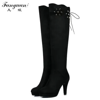 

Women's Autumn/Winter Elegant Shoes 2017 Flock with Appliques Side Zip Boots Female Spike High Heel Riding Black Knee High Boots