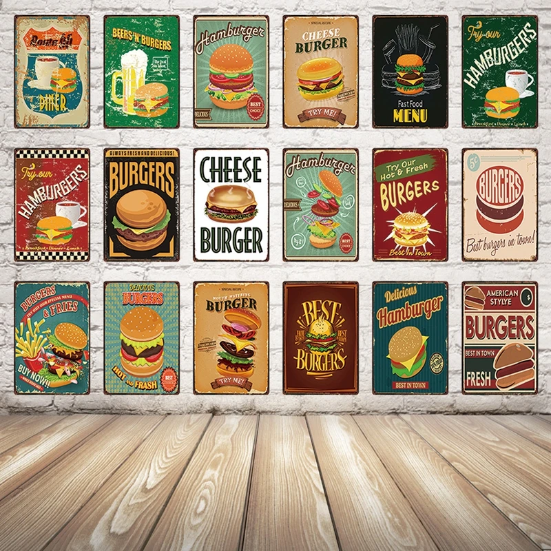 

[ Kelly66 ] Hamburger Food Metal Sign Tin Poster Shop Kitchen Decor Bar Wall Art Painting 20*30 CM Size Dy29