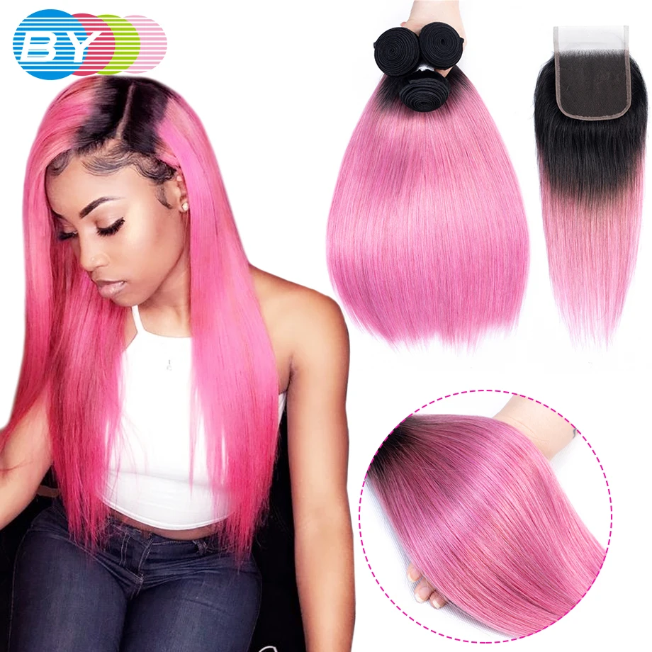 BY Pre colored Non Remy Human Hair Weave Bundles With Closure Free Part