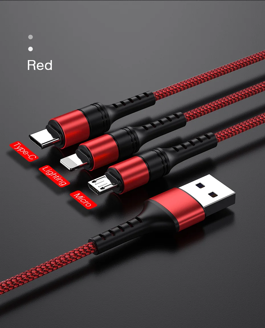 ROCK 3 в 1 USB кабель 3A для мобильного телефона Micro usb type C кабель зарядного устройства для iPhone XR XS Max X huawei USB C провод для быстрой зарядки