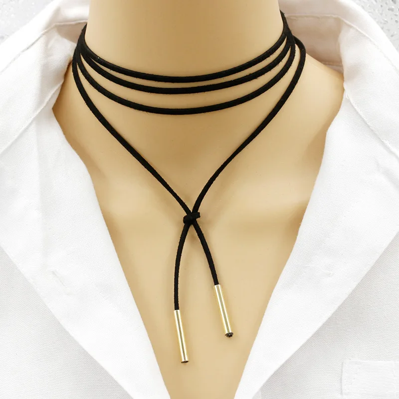 Collar de cuero negro de cuerda larga, Gargantilla de tubo de oro y plata,  cadena de cordón de PU, borla, joyería llamativa, 10 unid/lote _ -  AliExpress Mobile