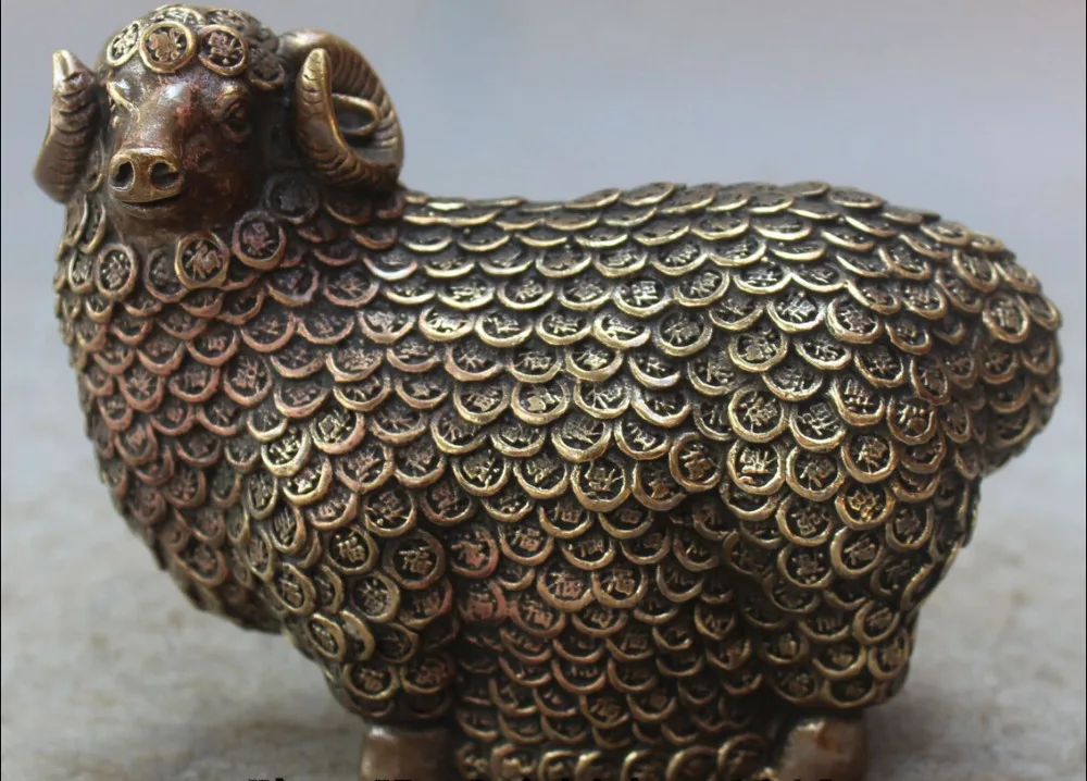 

S0008 15CM Marked China Feng Shui Folk Bronze Zodiac Year Sheep 100 Fu Wealth Statue D0317