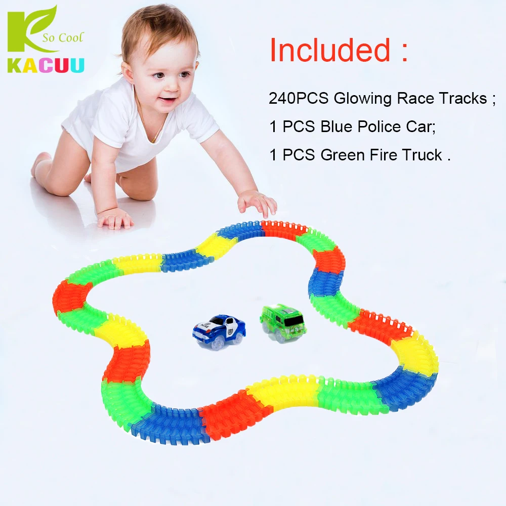 Magical 240pcs Tracks +2 Cars Glow in the dark Big Size 7.5CM Girls Boys Plastic Racing Track Toys For Children Kids Gifts