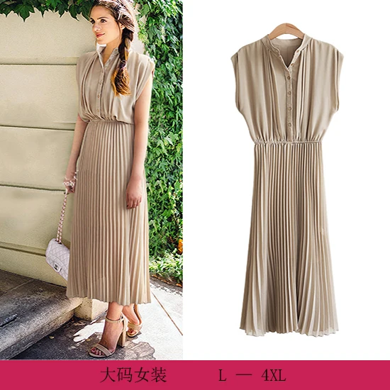 

2018 Summer Dress Loose Plus Size New Solid Color Beige Black Dress Waist Pleated Dress Oversized Stand Collar Robe Femme Ete