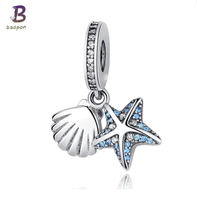 

BAOPON 5PCS/Lot Silver Plated Beads Tropical Starfish&Sea Shell Pendant Charms Fit Brand Original Charm Bracelets Jewelry