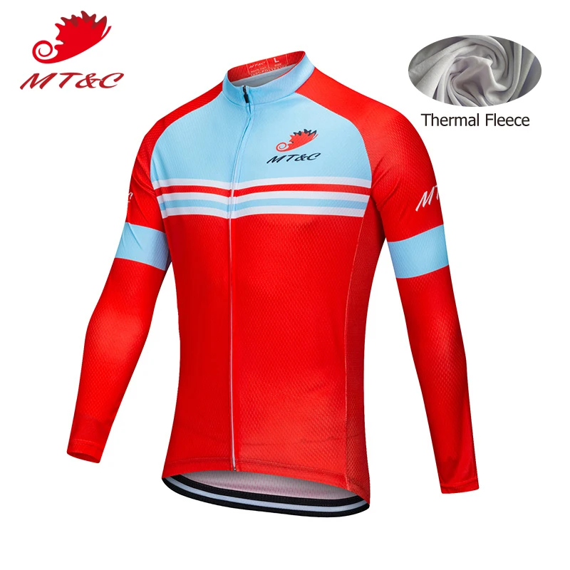 

MT&C Winter Cycling Jersey Red Cyan Stripes Sport Style Windproof Fleece Clothes Quick Dry Bicycle Sportswear Bike Clothes