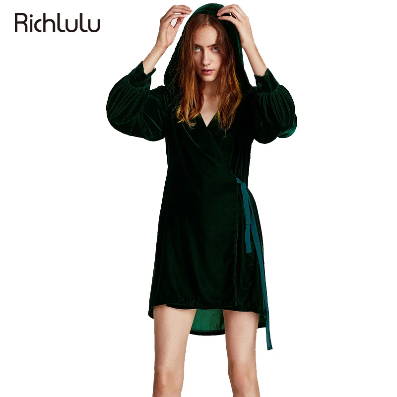 RichLuLu 2017 Sexy Vintage Velvet Mini Dress Women Hooded Solid Green Lace-Up Waist Buttons Female Elegant Vestidos Casual | Женская