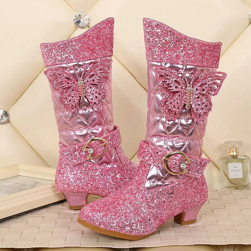 

2019 winter new girls high heel boots princess boots children warm cotton baby girl snow boots eu size 28-38