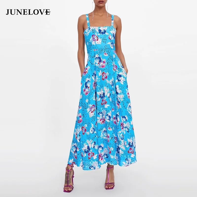 Женское длинное платье JuneLove с открытой спинкой винтажное цветочным принтом и