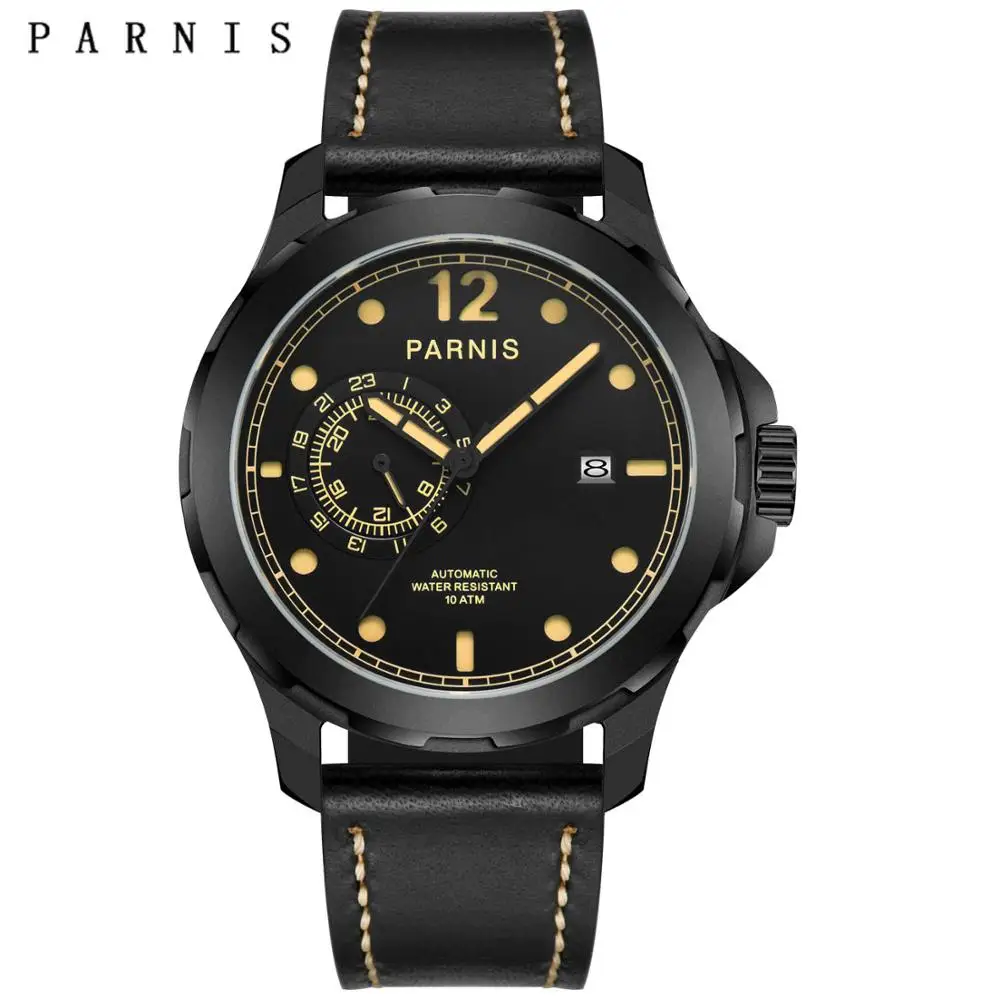 black case2 Распродажа, механические часы Relojes Parnis, 44 мм, кожа, турбийон, автоматические часы для мужчин, дата, водонепроницаемые, военные, мужские наручные часы - Цвет: black case2