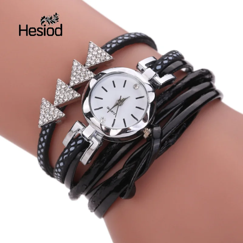 

Hesiod Sweet Crystal Triangles Bracelet Watch for Women Multilayer Tied Leather Quartz Watches Champagne Relogio Feminino