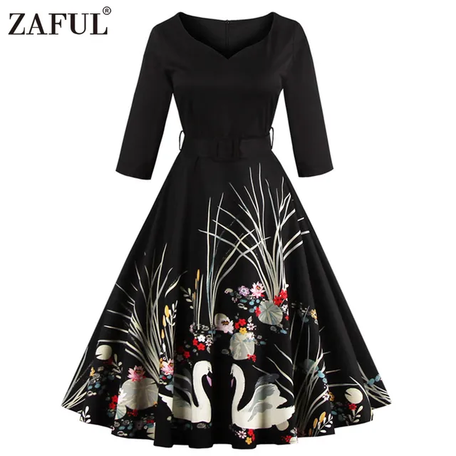 ZAFUL Новый черный Vintage dress 50 s Одри хепберн 3/4 рукав лебедь печати халат feminino Бальное Платье Ретро Платья Vestidos