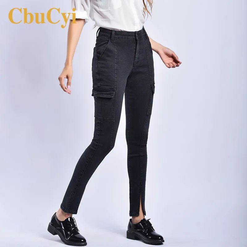 Plus Size Fashion Women High Waist Pants Stretch Black Denim Jeans Womens Vintage Skinny Casual Jeans Trousers Slit Leg Pants