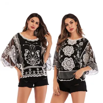 

Women's Casual Lace T Shirts Sexy O Neck Short Sleeve Embroidered Batwing Loose T-shirt Summer Black Tops Sweet Tshirt Clothing