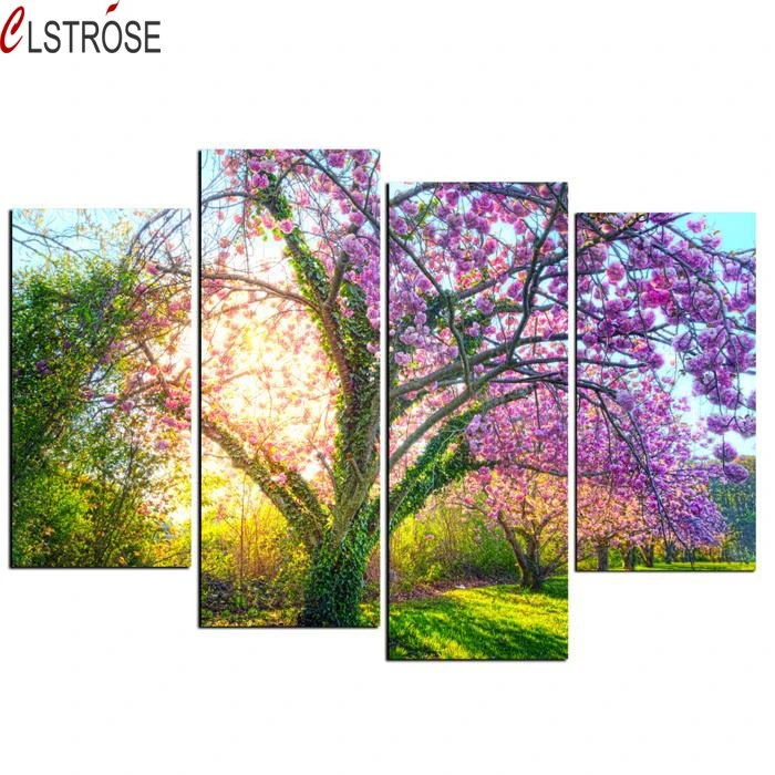 CLSTROSE Nyata Baru Cherry Blossom Bunga Dibingkai 4 Panel ...