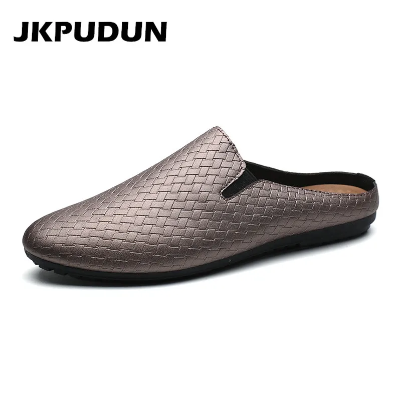 JKPUDUN Summer Mens Weave Loafers Slipon Half Shoes Casual Luxury