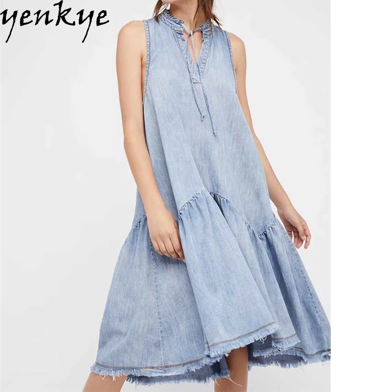 Women Fashion Big Swing Blue Denim Dress Lace Up Stand Collar
