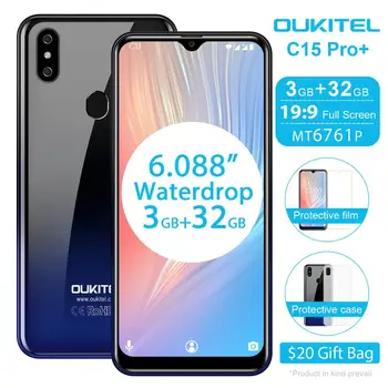 Перейти на Алиэкспресс и купить Смартфон OUKITEL C15 Pro + 6,088 дюйма 19:9, Android 9,0 Pie, 4G, FDD, мобильный телефон, 3 ГБ, 32 ГБ, MT6761, экран Waterdrop, распознавание лица, сотовый телефон