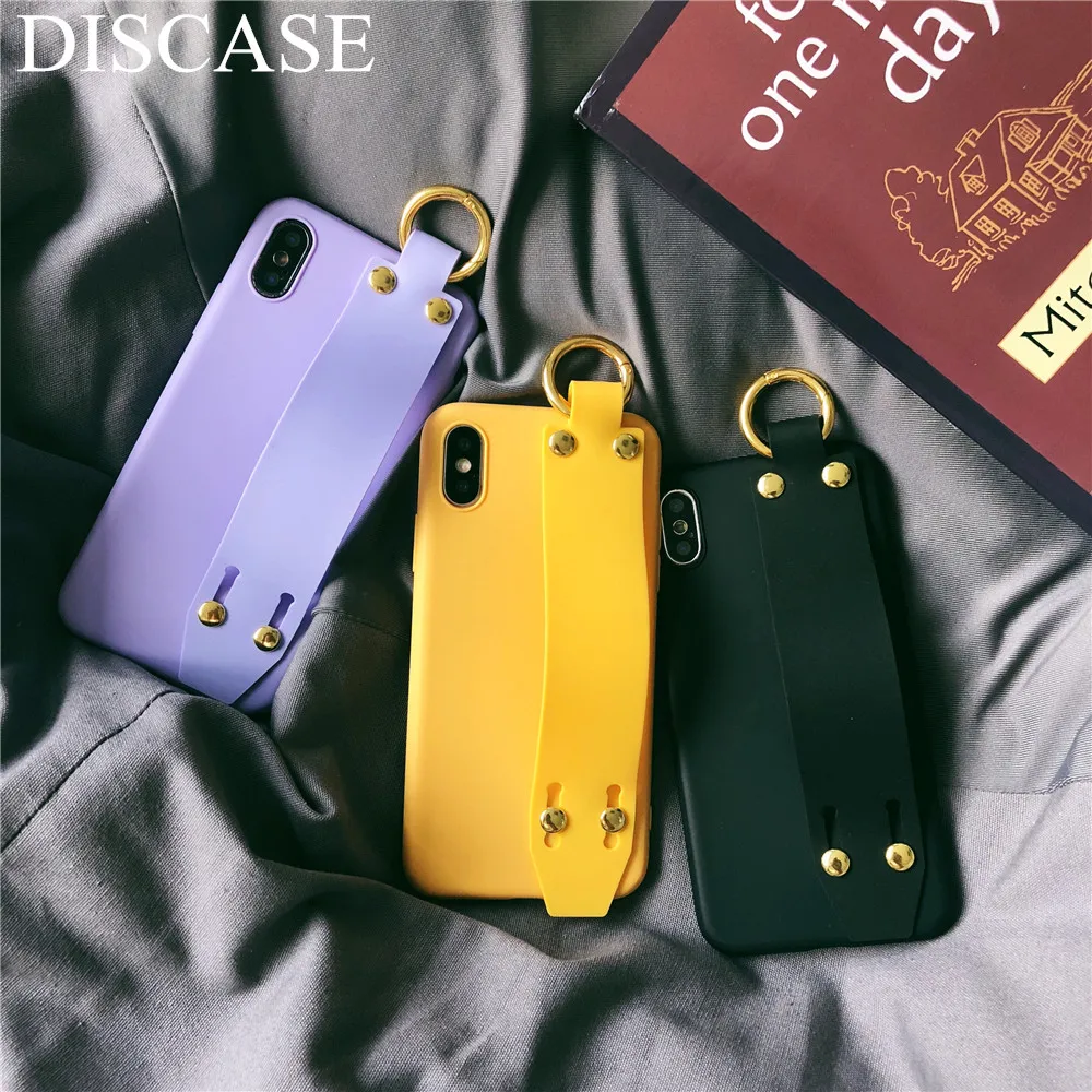 

DISCASE Simple Candy Color Soft Shell Phone Case For iphone 8 7 6S plus For iphone XR XS MAX Fashion Bracket Wrist Strap Coque