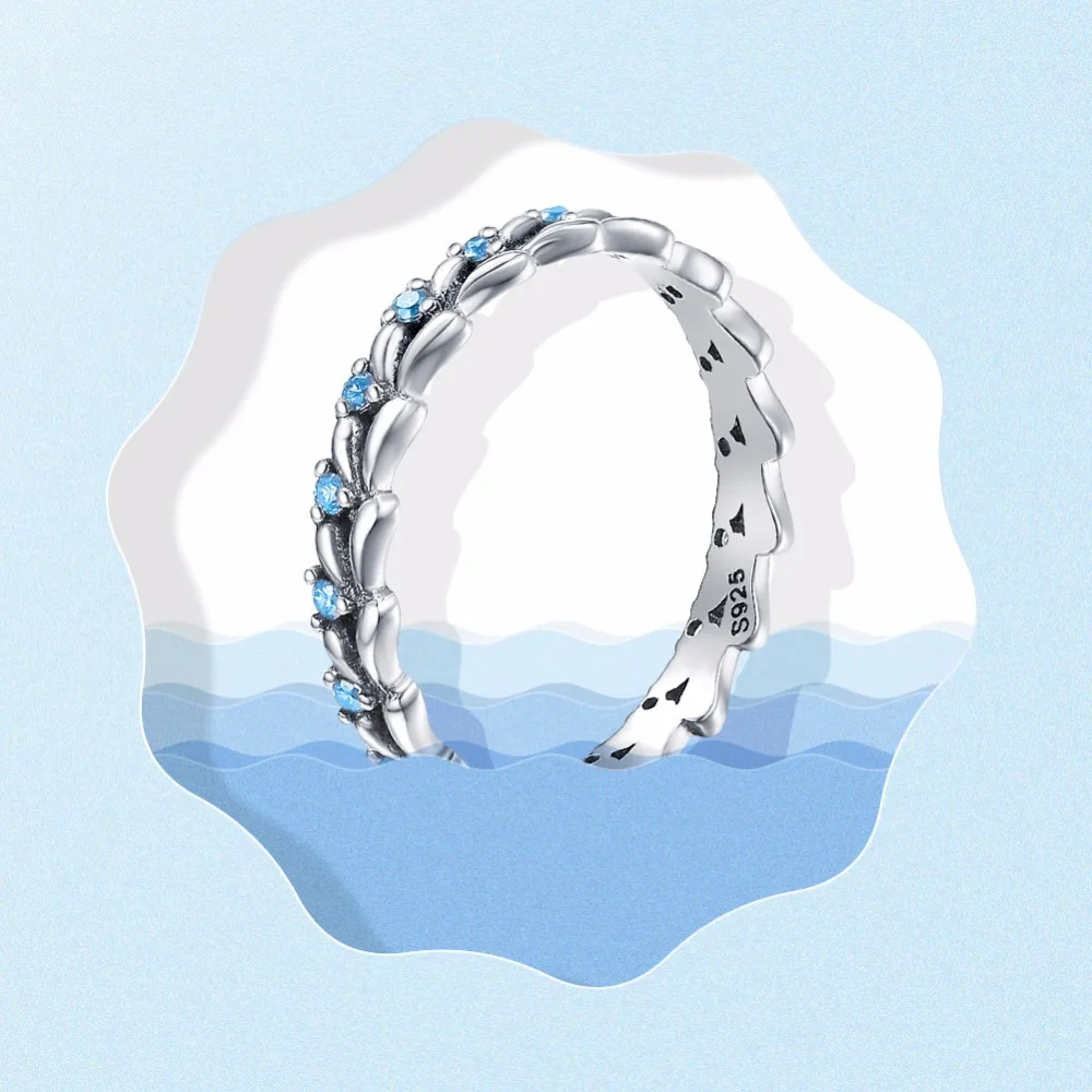 BAMOER Real 100% 925 Sterling Silver Stackable Ring Wheat Wave & Clear CZ Finger Rings for Women Sterling Silver Jewelry SCR162