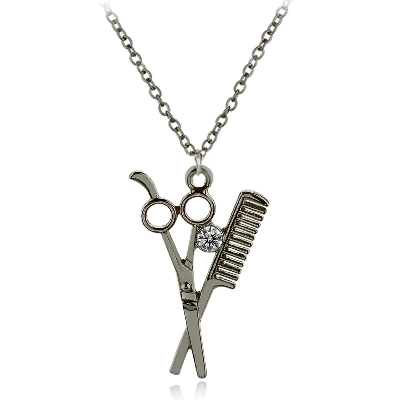 Silver Hair Stylist Necklaces Dryer Scissor Comb Silver Color Chain Pendant Necklace Vintage