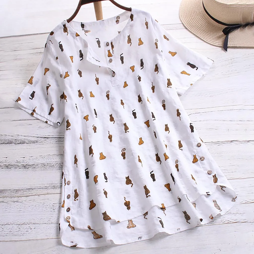 

Plus Size Summer Fashion Cat Print Button Blouse Linen Casual Tee Tops Female Women Short Sleeve Shirt Blusas Femininas Pullover