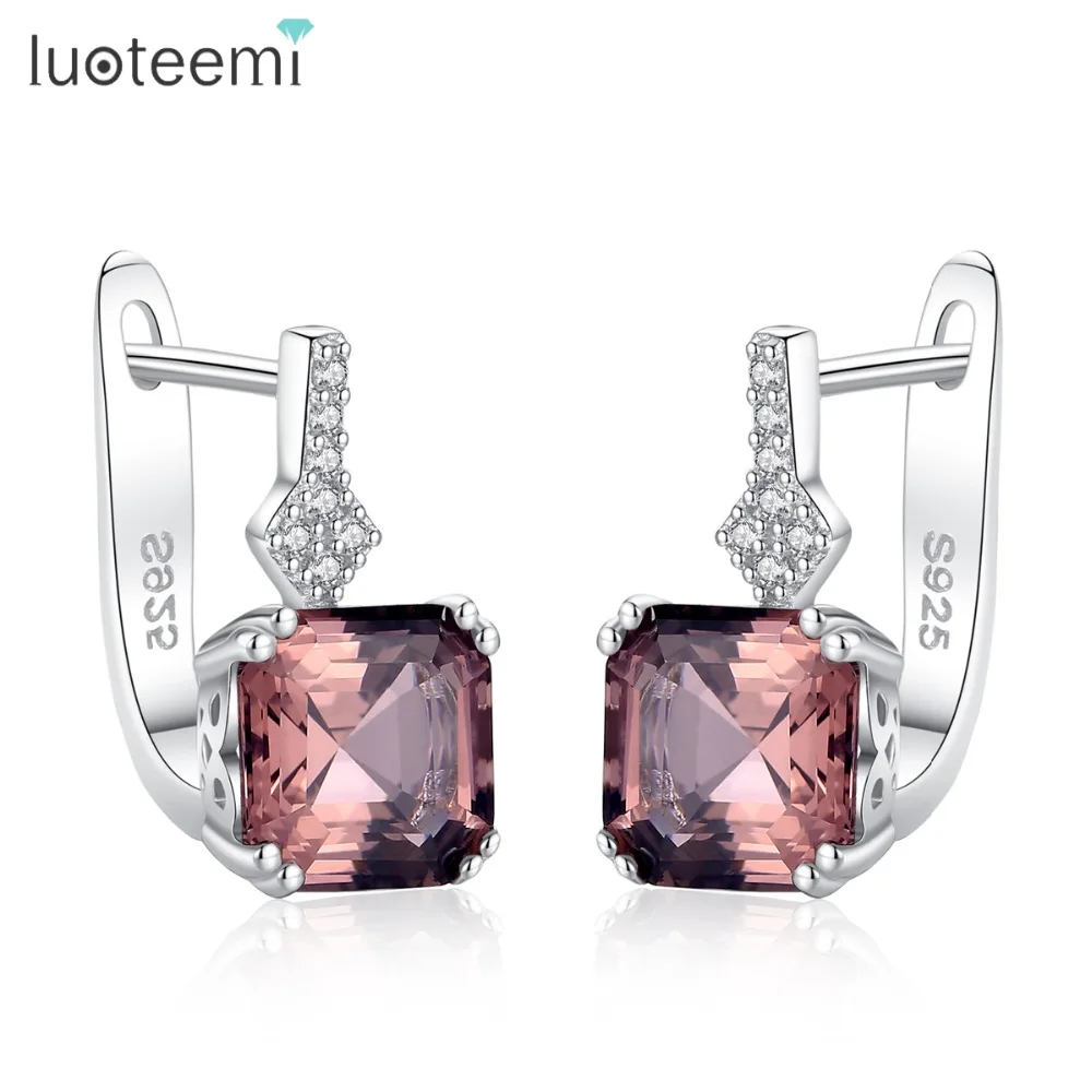

LUOTEEMI Genuine 925 Sterling Silver Luxury Square Brilliant Cut Smoke Stone Stud Earrings For Women Gorgeous Party Jewelry