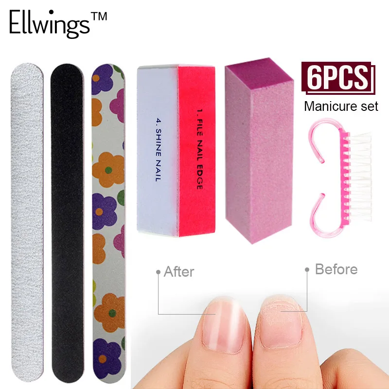 

Ellwings 6pcs/Set Nail Manicure Kit Nail Files Brush Durable Buffing Grit Sand Fing Accessories Sanding File UV Gel Polish Tools