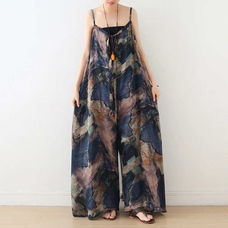 2019 summer floral chiffon printed women bohemian long jumpsuit Casual summer spaghetti strap romper wide leg playsuit overalls