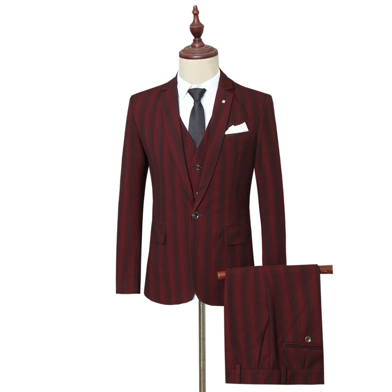Black Men Striped Suits Size S-5XL Business Casual Mens Blazer Jacket with Vests and Pants 2019 New Wedding Suits for Man