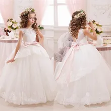 Princess Ball Gown White Lace Flower Girls Dresses For Weddings Tulle Belt Bow Knot Custom First Communion Dress Birthday Gown baby princess dress white flower girls dresses big ball gown short sleeve lace summer girl s dress kids tulle bow gowns e315