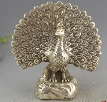 

Marked Old Chinese Silver Peacock Peafowl Pavo Maurya Animal Statue