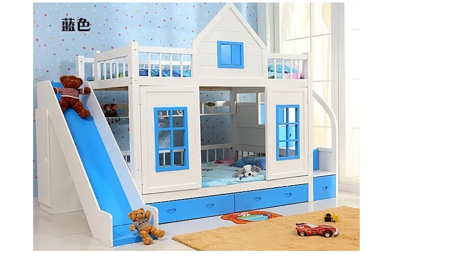 Children Bunk Bed Wooden 2 Floor Ladder Ark With Slide Bed Pink