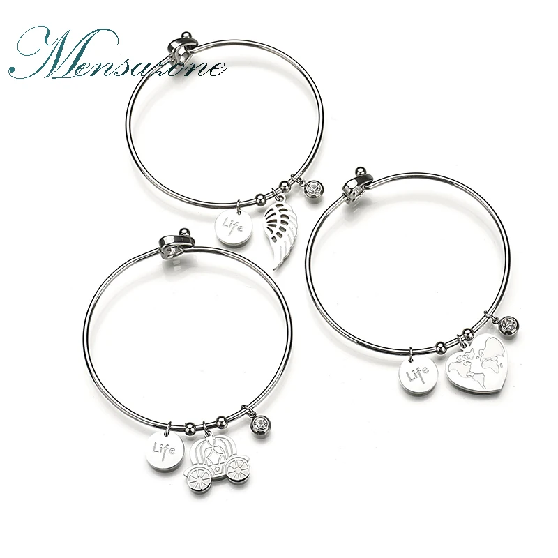 

MENSAZONE New Brand Silver Wing Car Love Bangle Charms Stainless Steel DIY Bracelet For Women Lover Girl Friend Gift