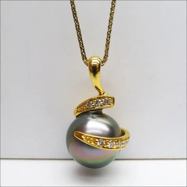 

FREE SHIPPING 9.7mm Natural Green Genuine Tahitian Pearl Pendant 14 Solid Yellow Gold