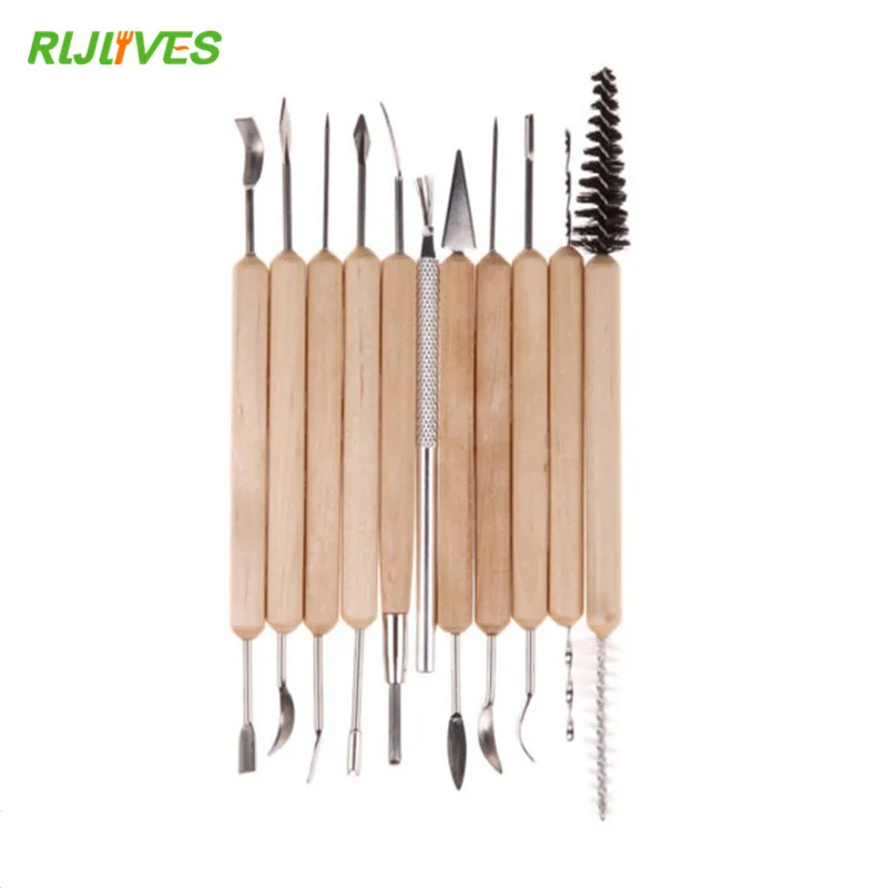 11pcs Clay Sculpting Kit Sculpt Smoothing Wax Carving Pottery Ceramic Tools Polymer Shapers Modeling Carved Tool Wood Handle Set | Дом и сад