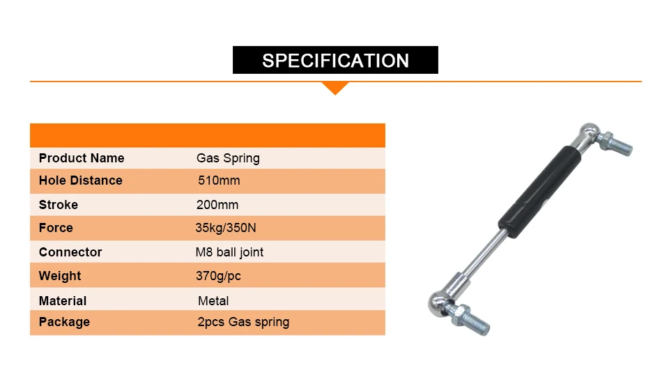 2 шт 510 мм Отверстие центр авто газовая пружина 200 мм ход 35 кг сила газа стойки амортизаторы для мебели M8 шаровой шарнир