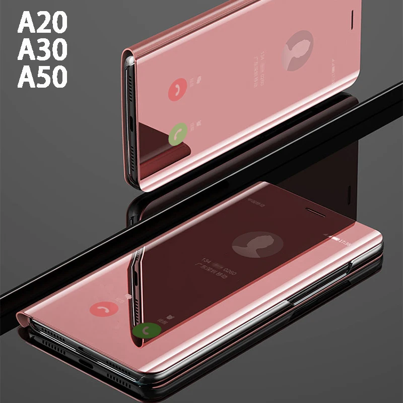 

Flip Smart Mirror Phone Cover,case,For Samsung galaxy A20 A30 A50 Hard Leather Clear View Standing Rose Gold Back Cases
