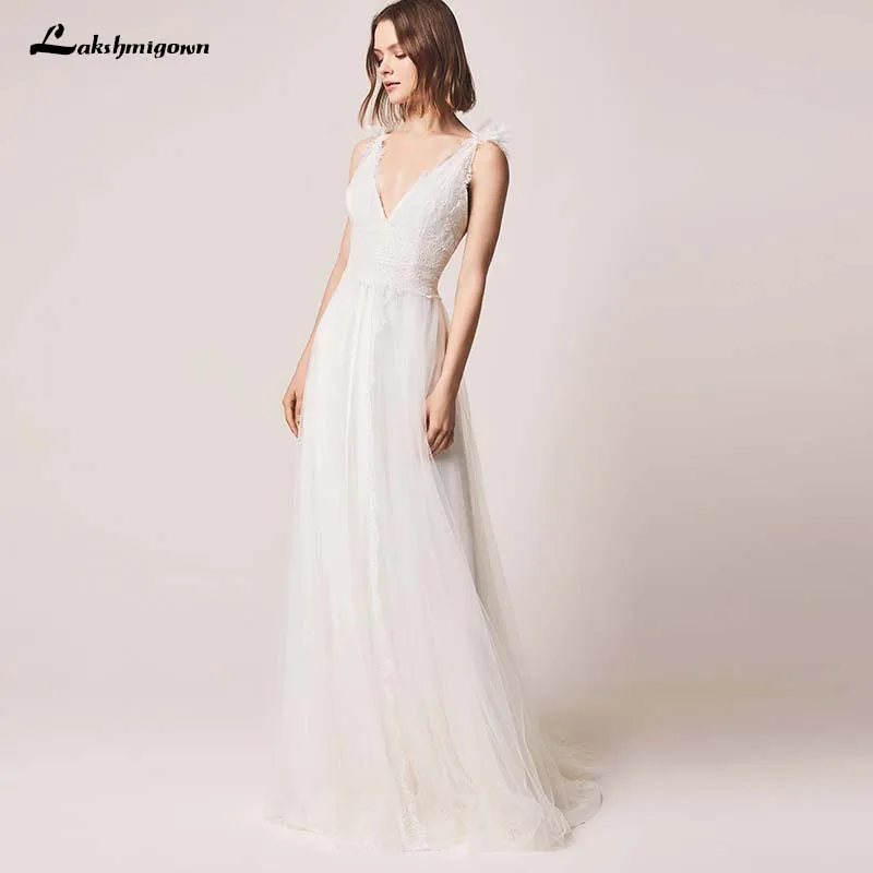 

2019 V-neck Lace Tulle boho Wedding Dress Vestido De Novia Sleeveless Backless beach Bride Dresses Robe De Mariage