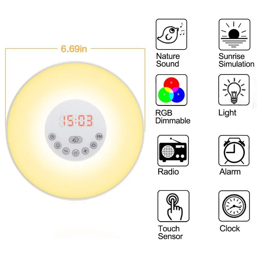 Пробуждения света Восход будильник LED FM Радио Ночной ночника touch Сенсор цифровой время Дисплей Desktop рядом с ночник