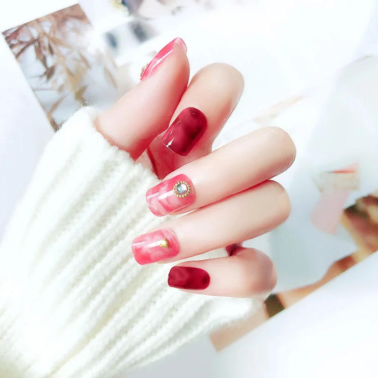 

24pcs Full Nail Tips Patch Lady Art Tool Fake Nail Tips With Small Diamond Red Rendering Color Design Finished Fake Nails Short^